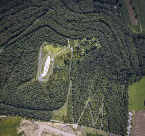Aerial view, Großes Holz spoil tip with Adener Höhe and light column in Weddinghofen, Bergkamen, Ruhr area, North Rhine-Westphalia, Germany, spoil tip, DE, Europe, landscape construction, light column, aerial view, aerial photography, aerial photography, aerial view, sight, overview, bird's eye view, overview
