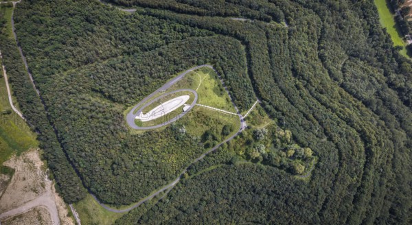 Aerial view, Großes Holz spoil tip with Adener Höhe and light column in Weddinghofen, Bergkamen, Ruhr area, North Rhine-Westphalia, Germany, spoil tip, DE, Europe, landscape construction, light column, aerial view, aerial photography, aerial photography, aerial view, sight, overview, bird's eye view, overview