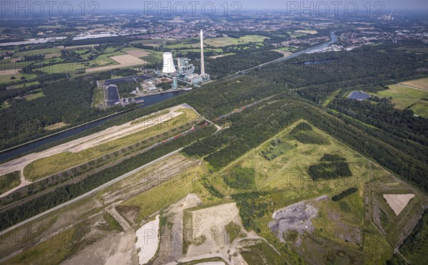 Aerial photo, Großes Holz slag heap and Bergkamen power station in Weddinghofen, Bergkamen, Ruhr area, North Rhine-Westphalia, Germany, slag heap, DE, Europe, power station, landscape construction, aerial photo, aerial photography, aerial photography, sight, coal-fired power station, overview, bird's-eye view, overview