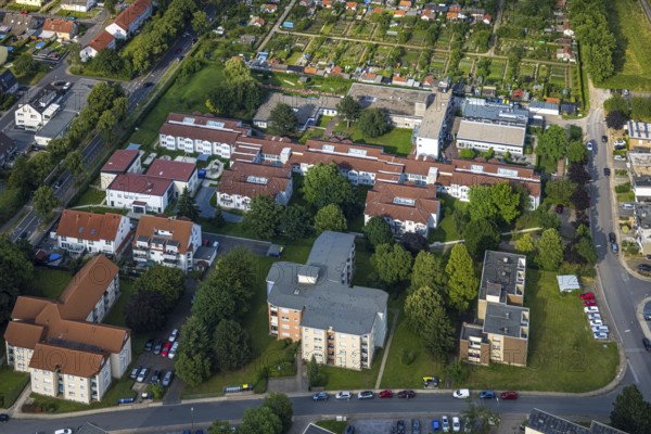 Aerial view of the AWO retirement home Hermann-Görlitz-Seniorenzentrum, Bergkamen, Ruhr area, North Rhine-Westphalia, Germany, DE, Europe, aerial photo, birds-eyes view, aerial photography, aerial photography, overview, bird's eye view, retirement home, nursing home, retirement residence