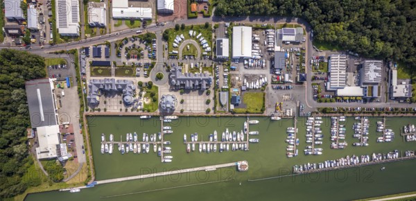 Aerial view, Yacht harbour Marina Rünthe in Bergkamen, Ruhr area, North Rhine-Westphalia, Germany, Bergkamen, inland navigation, DE, Datteln-Hamm canal, Europe, aerial view, aerial photography, aerial photography, motor boats, overview, bird's eye view, yachts, marina, birds-eyes view, overview