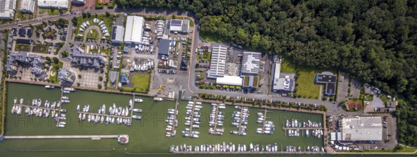 Aerial view, Yacht harbour Marina Rünthe in Bergkamen, Ruhr area, North Rhine-Westphalia, Germany, Bergkamen, inland navigation, DE, Datteln-Hamm canal, Europe, aerial view, aerial photography, aerial photography, motor boats, overview, bird's eye view, yachts, marina, birds-eyes view, overview