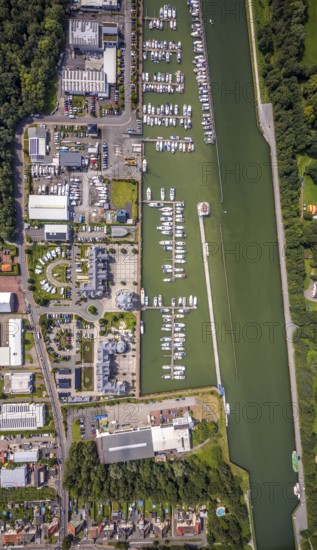 Aerial view, Yacht harbour Marina Rünthe in Bergkamen, Ruhr area, North Rhine-Westphalia, Germany, Bergkamen, inland navigation, DE, Datteln-Hamm canal, Europe, aerial view, aerial photography, aerial photography, motor boats, overview, bird's eye view, yachts, marina, birds-eyes view, overview