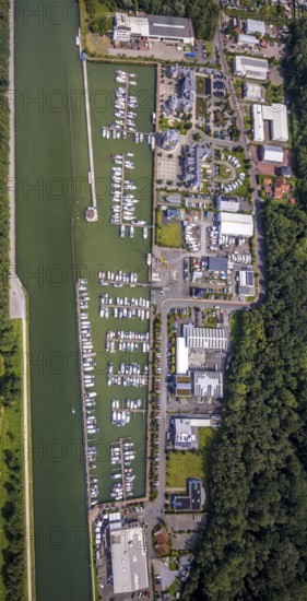 Aerial view, Yacht harbour Marina Rünthe in Bergkamen, Ruhr area, North Rhine-Westphalia, Germany, Bergkamen, inland navigation, DE, Datteln-Hamm canal, Europe, aerial view, aerial photography, aerial photography, motor boats, overview, bird's eye view, yachts, marina, birds-eyes view, overview