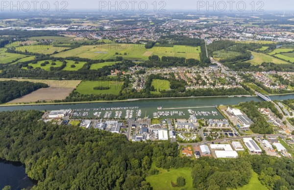 Aerial view, Yacht harbour Marina Rünthe in Bergkamen, Ruhr area, North Rhine-Westphalia, Germany, Bergkamen, inland navigation, DE, Datteln-Hamm canal, Europe, aerial view, aerial photography, aerial photography, motor boats, overview, bird's eye view, yachts, marina, birds-eyes view, overview