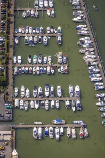 Aerial view, Yacht harbour Marina Rünthe in Bergkamen, Ruhr area, North Rhine-Westphalia, Germany, Bergkamen, inland navigation, DE, Datteln-Hamm canal, Europe, aerial view, aerial photography, aerial photography, motor boats, overview, bird's eye view, yachts, marina, birds-eyes view, overview