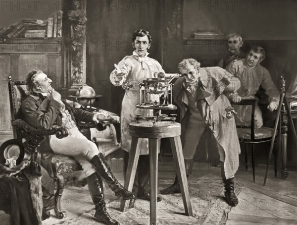 Joseph von Fraunhofer demonstrating the spectroscope, on left Joseph von Utzschneider, on right Georg Friedrich von Reichenbach, Joseph Ritter von Fraunhofer, 1787 – 1826, German physicist and optical lens manufacturer, digitally edited