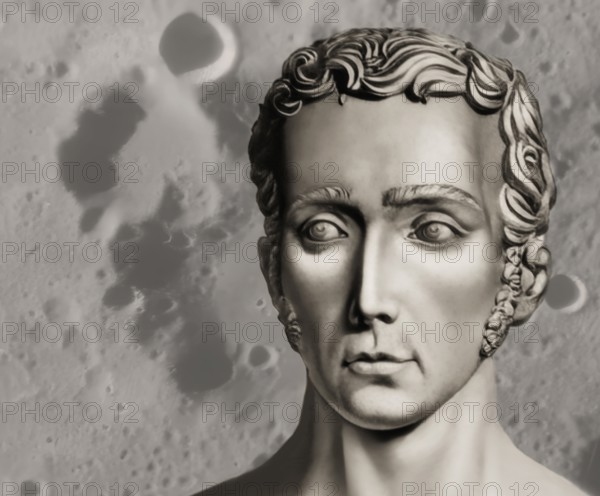 Portrait of Joseph Ritter von Fraunhofer with Crater Fraunhofer, 1787 – 1826, German physicist and optical lens manufacturer, digitally edited