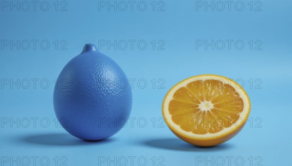 A vibrant image showcasing a blue lemon next to a half-cut orange, set against a bright blue backdrop, creating a striking contrast, AI generated