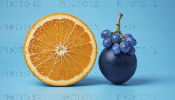 A close-up shot features a juicy orange slice next to a bunch of grapes, set against a bright blue backdrop, creating a visually appealing contrast, AI generated