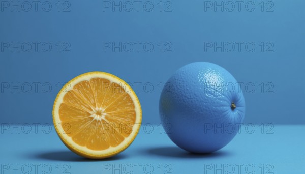A sliced orange sits next to a blue painted orange, creating a striking color contrast against a solid blue backdrop. The image is clean and modern, AI generated