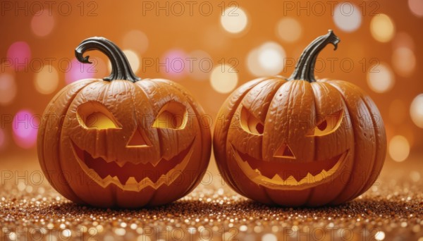 Close-up shot of two jack-o'-lanterns with carved faces, set against a blurred orange background with bokeh lights, creating a festive Halloween atmosphere, AI generated