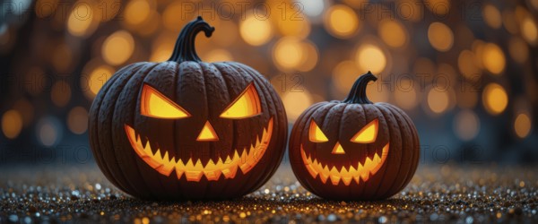 Two carved pumpkins with illuminated faces sit on a glittery surface, set against a blurred background of warm bokeh lights, perfect for Halloween, AI generated