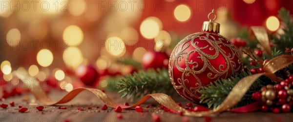 A close-up shot of a red Christmas ornament with gold embellishments, a golden ribbon, and festive greenery, creating a warm holiday atmosphere, AI generated