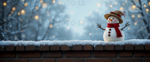 A cheerful snowman with a hat and scarf stands atop a brick wall, set against a snowy, bokeh-filled winter scene with twinkling lights, AI generated