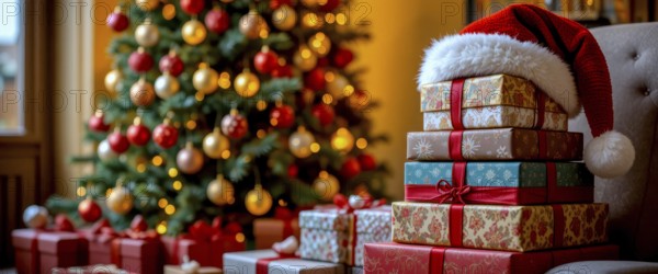 A festive scene with a stack of wrapped presents and a Santa hat, next to a decorated Christmas tree, creating a cozy holiday atmosphere, AI generated