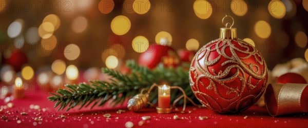 A close-up shot of a red Christmas ornament with gold detailing, surrounded by festive decorations, candles, and bokeh lights, creating a warm holiday atmosphere, AI generated