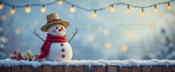 A charming snowman, adorned with a hat and scarf, stands on a snow-covered brick wall, illuminated by festive string lights in a winter wonderland, AI generated