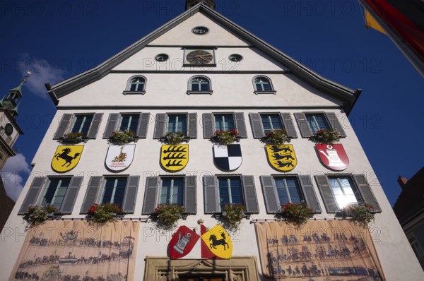 Historical depiction of a folk festival procession, at the town hall, coat of arms, Bad Cannstatt, Stuttgart, Baden-Württemberg, Germany