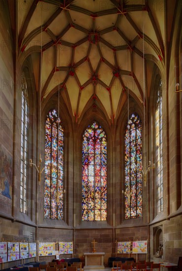 Interior view, choir, altar, stained glass window, Evangelische Stadtkirche, Bad Cannstatt, Stuttgart, Baden-Württemberg, Germany