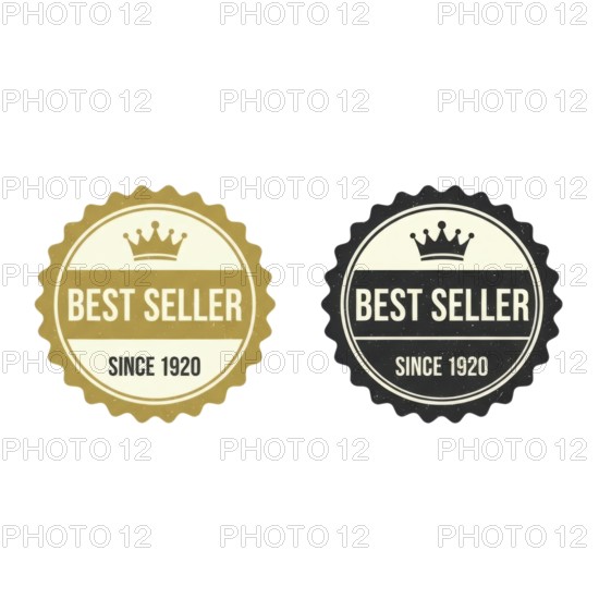Two best seller badges, one gold and one black, each featuring a crown and text indicating 'Best Seller' since 1920, set against a white backdrop, AI generated