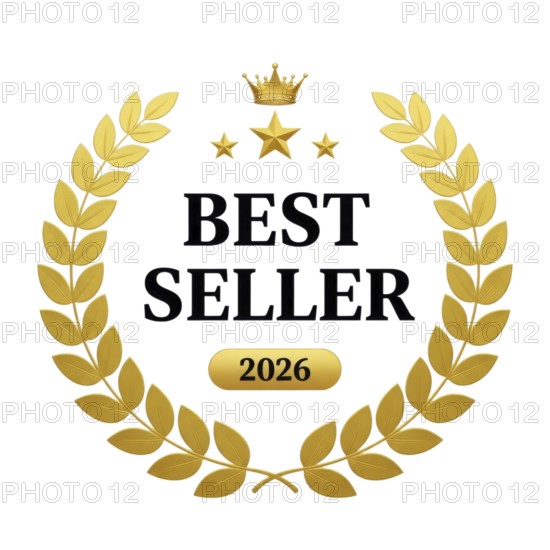 This image features a 'Best Seller' emblem with a laurel wreath, stars, and a crown, symbolizing achievement and excellence, AI generated