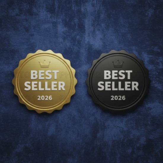 Two best seller badges, one gold and one black, are displayed against a textured blue background, perfect for promotional materials, AI generated