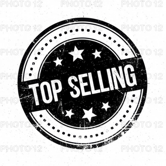 A black and white circular badge with the words 'TOP SELLING' and stars, perfect for marketing materials or product promotion, AI generated