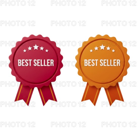 Two colorful best seller badges with ribbons and stars, perfect for highlighting top products or promotions, AI generated