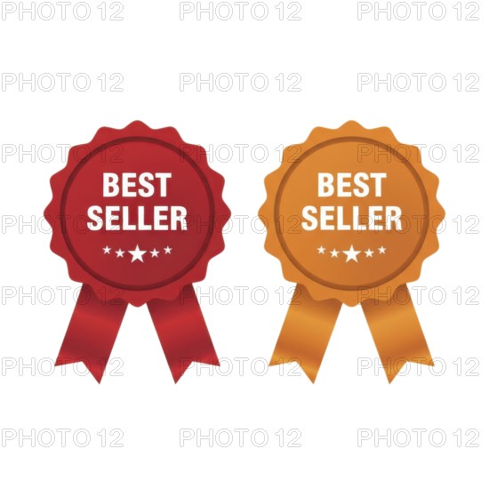 Two best seller badges are displayed, one red and one orange, each with a ribbon and stars, perfect for promotional materials, AI generated