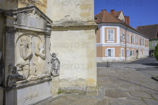 Gravestone with a relief of an armoured knight for Achatz von Maghnitz 1526, Catholic parish church of St. John the Baptist, Bad Radkersburg, Styria, Austria
