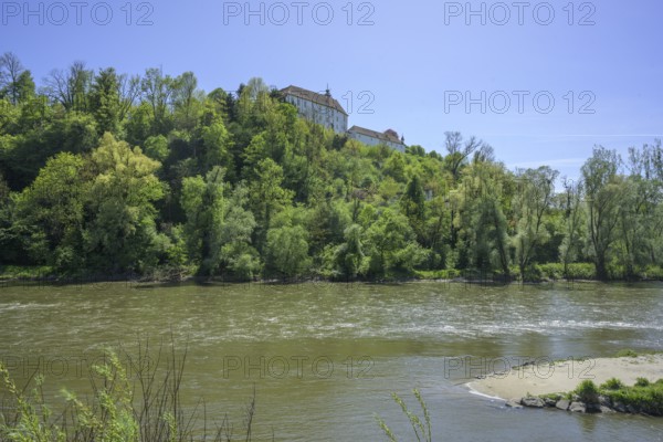 Mura River with a view of Oberradkersburg Castle in Slovenia, Bad Radkersburg, Styria, Austria