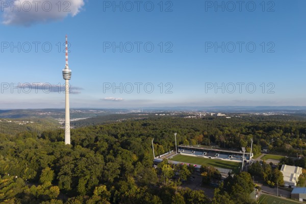 TV tower next to the Gazi stadium, with a view over extensive forests and soft clouds in the sky, Stuttgart-Degerloch, Baden-Württemberg, Germany