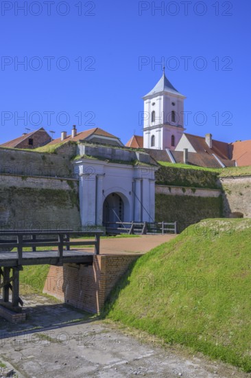 Fortress with church tower and entrance gate of, Tvrda, Osijek, Osijek-Baranja County, Croatia