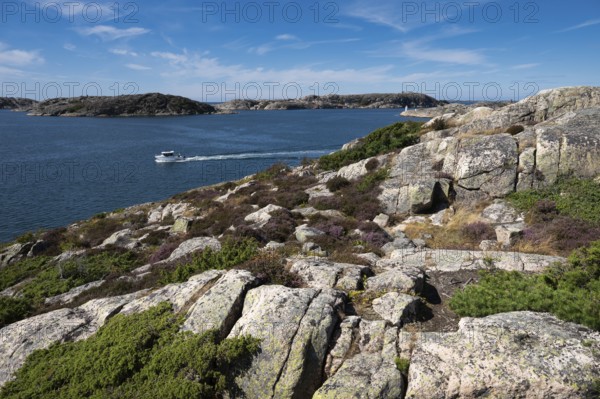 Boat sailing through archipelago, Resö Island, Bohuslän, Skagerrak, Sotenäs, Västra Götalands län, Sweden