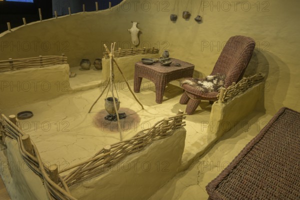 Reconstruction of a house with fireplace and furniture, Museum of Vucedol Culture, Vukovar, Vukovar-Srijem County, Croatia