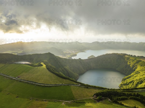 Sete Cidades Caldera at Sunset. Blue Lake and Santiago Lake. Azores, Sao Miguel Island. Portugal. Clouds and Fog. Aerial View