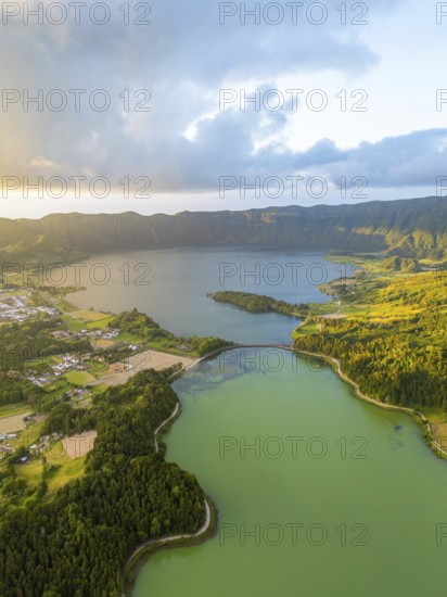 Sete Cidades Caldera at Sunset. Blue Lake and Green Lake. Azores, Sao Miguel Island. Portugal. Aerial View