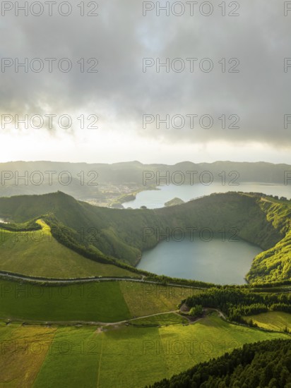 Sete Cidades Caldera. Blue Lake and Santiago Lake. Azores, Sao Miguel Island. Portugal. Clouds and Fog. Aerial View