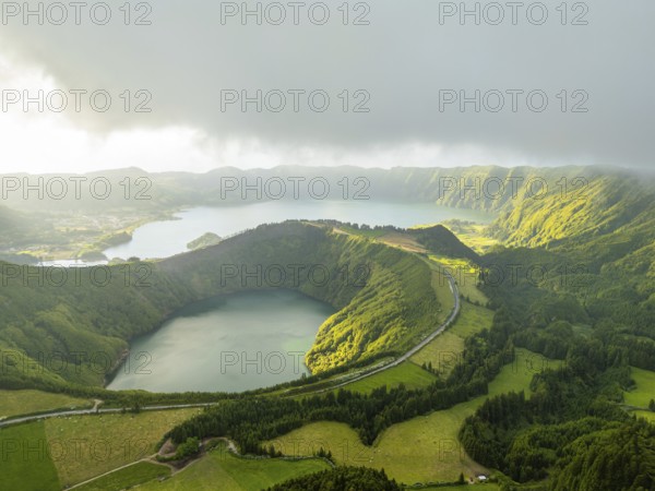 Sete Cidades Massif. Blue Lake and Santiago Lake. Azores, Sao Miguel Island. Portugal. Clouds and Fog. Aerial View