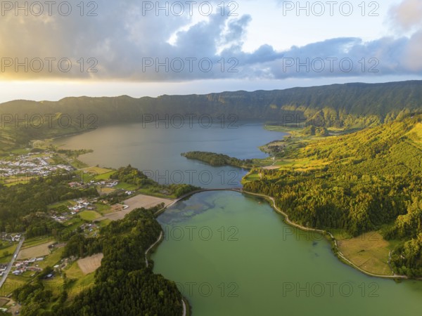 Sete Cidades Caldera at Sunset. Blue Lake and Green Lake. Azores, Sao Miguel Island. Portugal. Aerial View