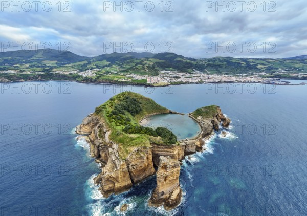 Vila Franca Islet, Vila Franca Do Campo Town and Atlantic Ocean. Azores, Sao Miguel Island. Portugal. Aerial Drone Shot