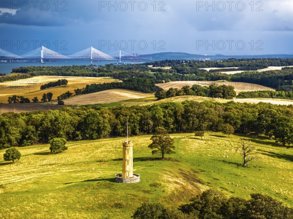 Binns Tower over Scotish farms and Forth Estuary from drone, House of the Binns, Linlithgow, Scotland, UK