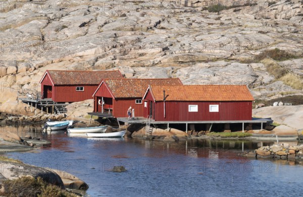 Falun red fishermen's huts by the sea, Bohus granite, rocky coast, Ramsvik, Ramsviklandet nature reserve, Bohuslän, Skagerrak, Sotenäs, Västra Götalands län, Sweden
