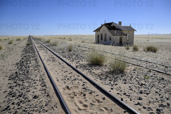 Railway tracks at the old German railway station of Garub, near Aus, Karas Region, Namibia