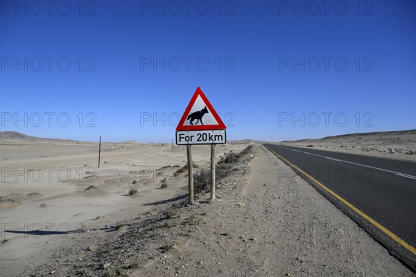 Sign warning of brown hyenas or beach wolves (Parahyaena brunnea), near Lüderitz, Karas Region, Namibia