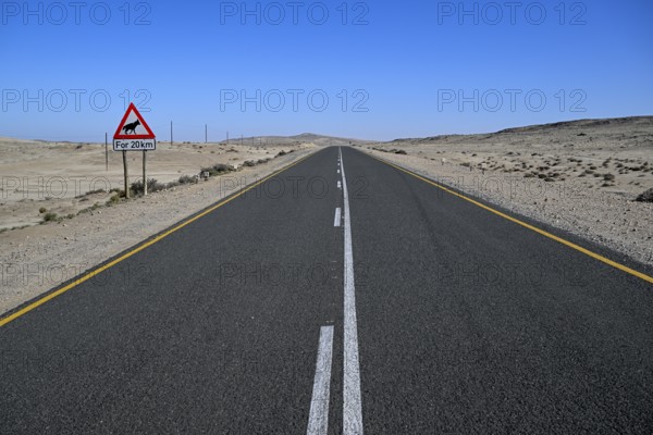 Sign warning of brown hyenas or beach wolves (Parahyaena brunnea), near Lüderitz, Karas Region, Namibia