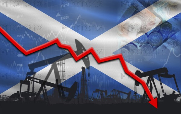 Petroleum crisis with Scotland flag on financial graph. Fall oil price with flag of Scotland on economic chart