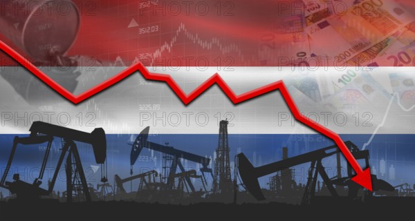 Fall oil price with flag of Netherlands on economic chart, Petrol crisis with Netherlands flag on financial graph