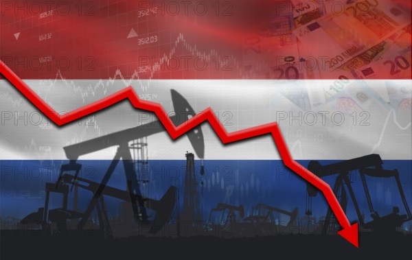 Petroleum crisis with Netherlands flag on financial graph. Fall oil price with flag of Netherlands on economic chart
